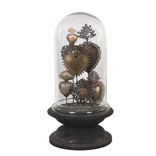 Hello Honey® 15" Decorative Tin Sacred Hearts on Wood Pedestal with Glass Cloche